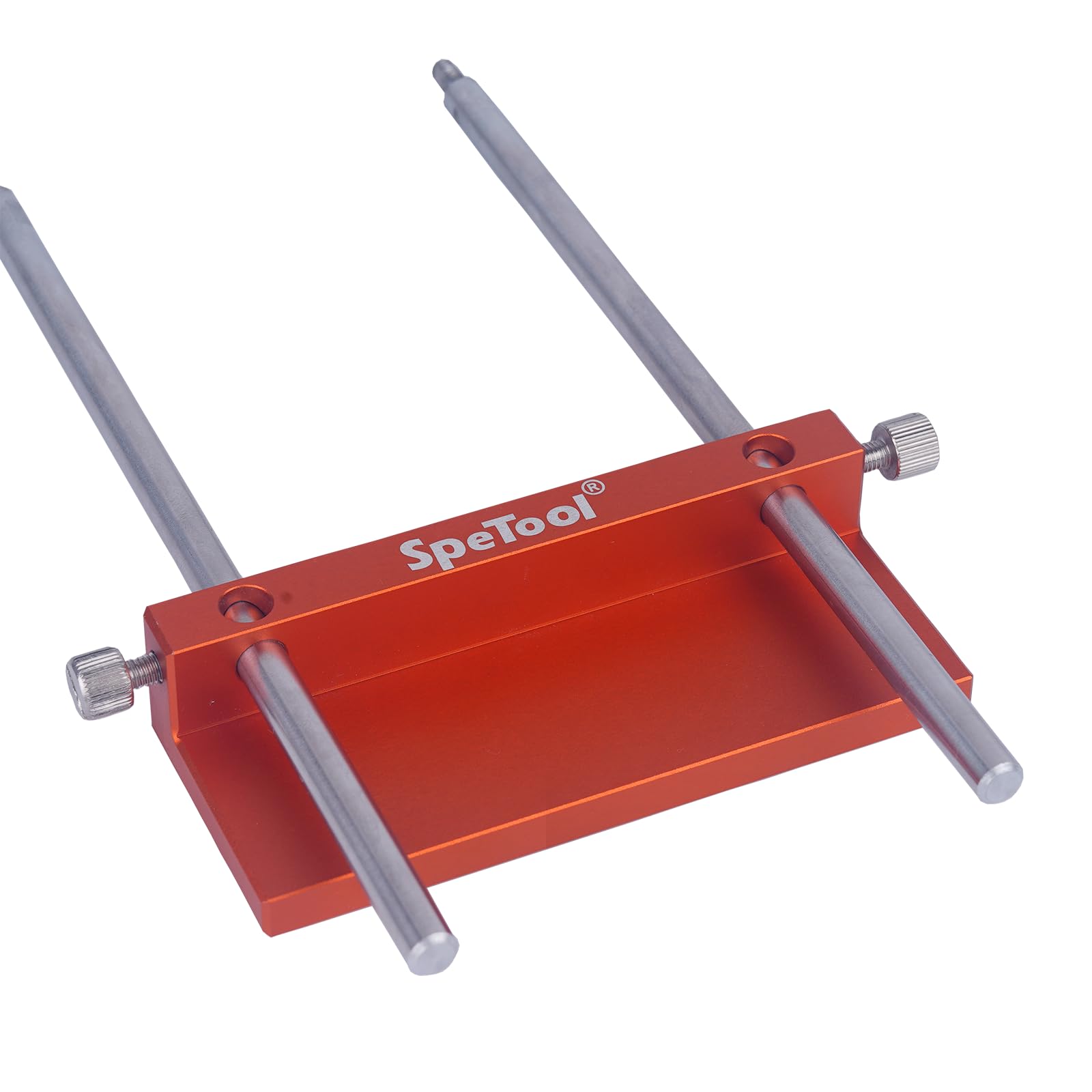 SpeTool drill fence edge guide attached to portable drill guide for consistent spacing.