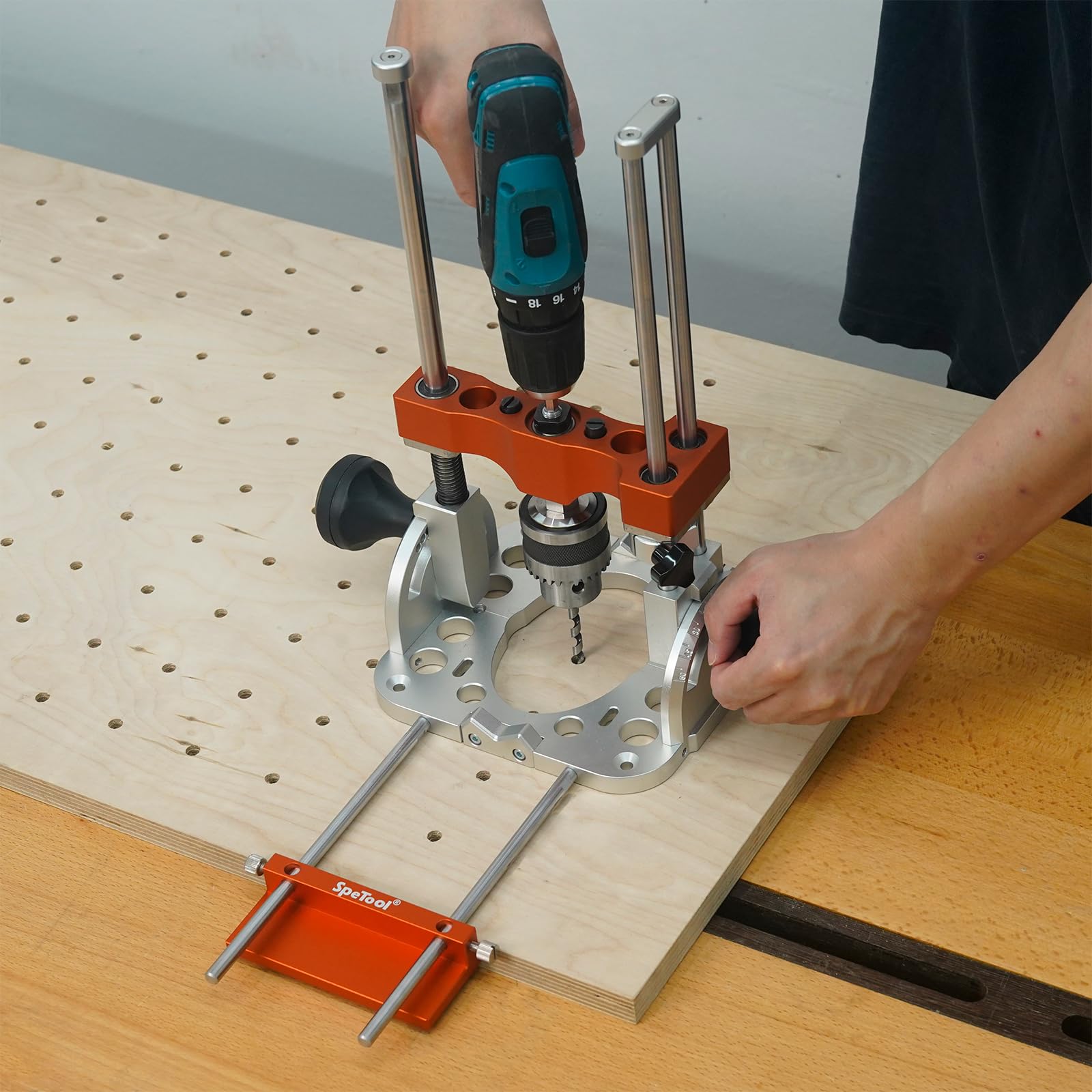 Close-up of SpeTool edge guide aluminum construction showing rigidity.