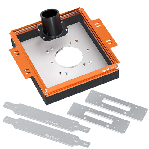 SpeTool linear rail router sled assembly shows a sturdy aluminum frame for precise alignment.