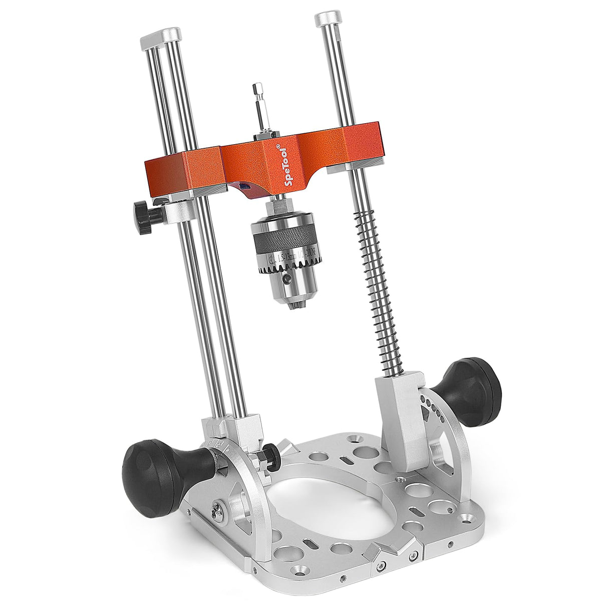 SpeTool portable drill guide base for precise, steadier holes in wood and metal.