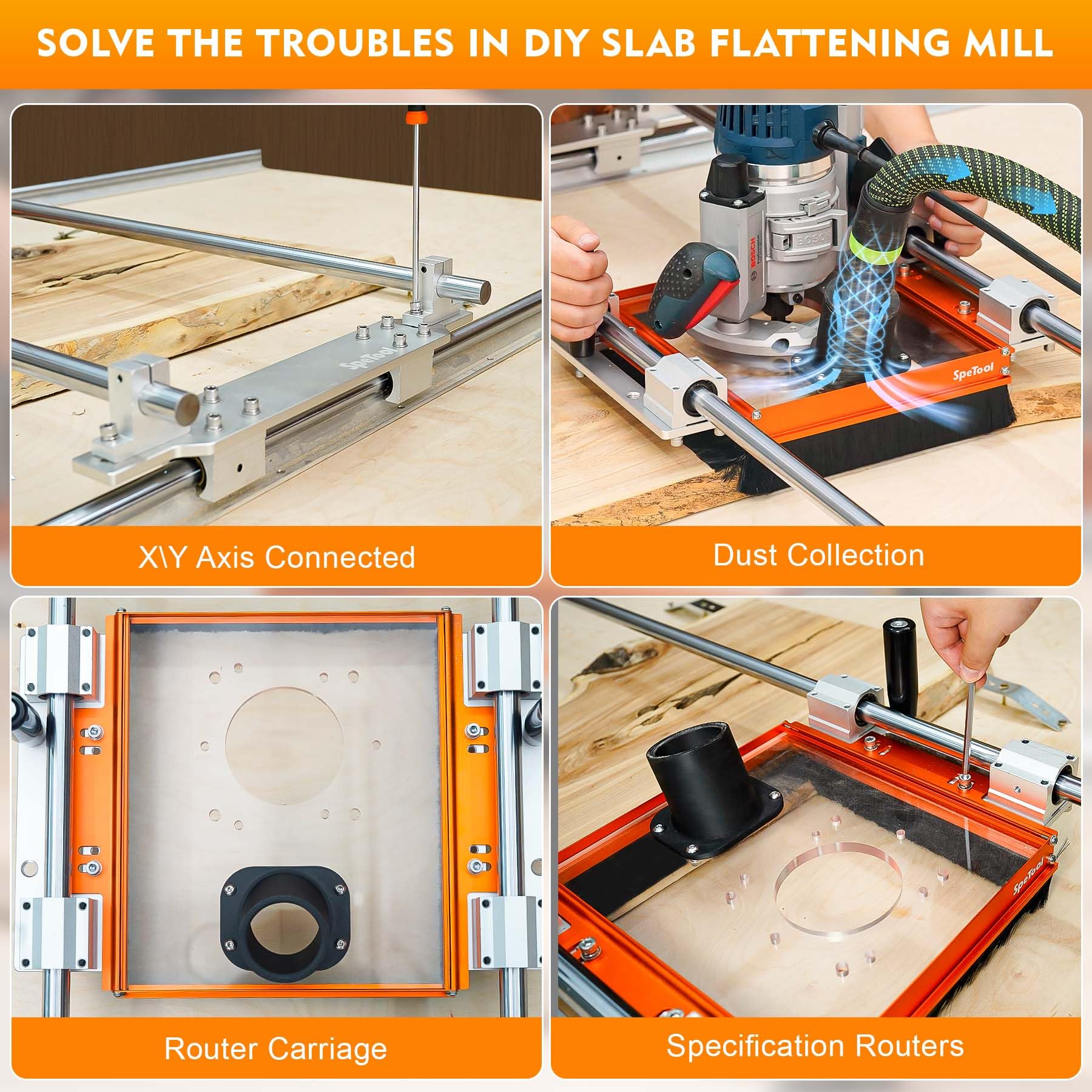 SpeTool router plate pre-drilled enables quick setup with many compatible routers.