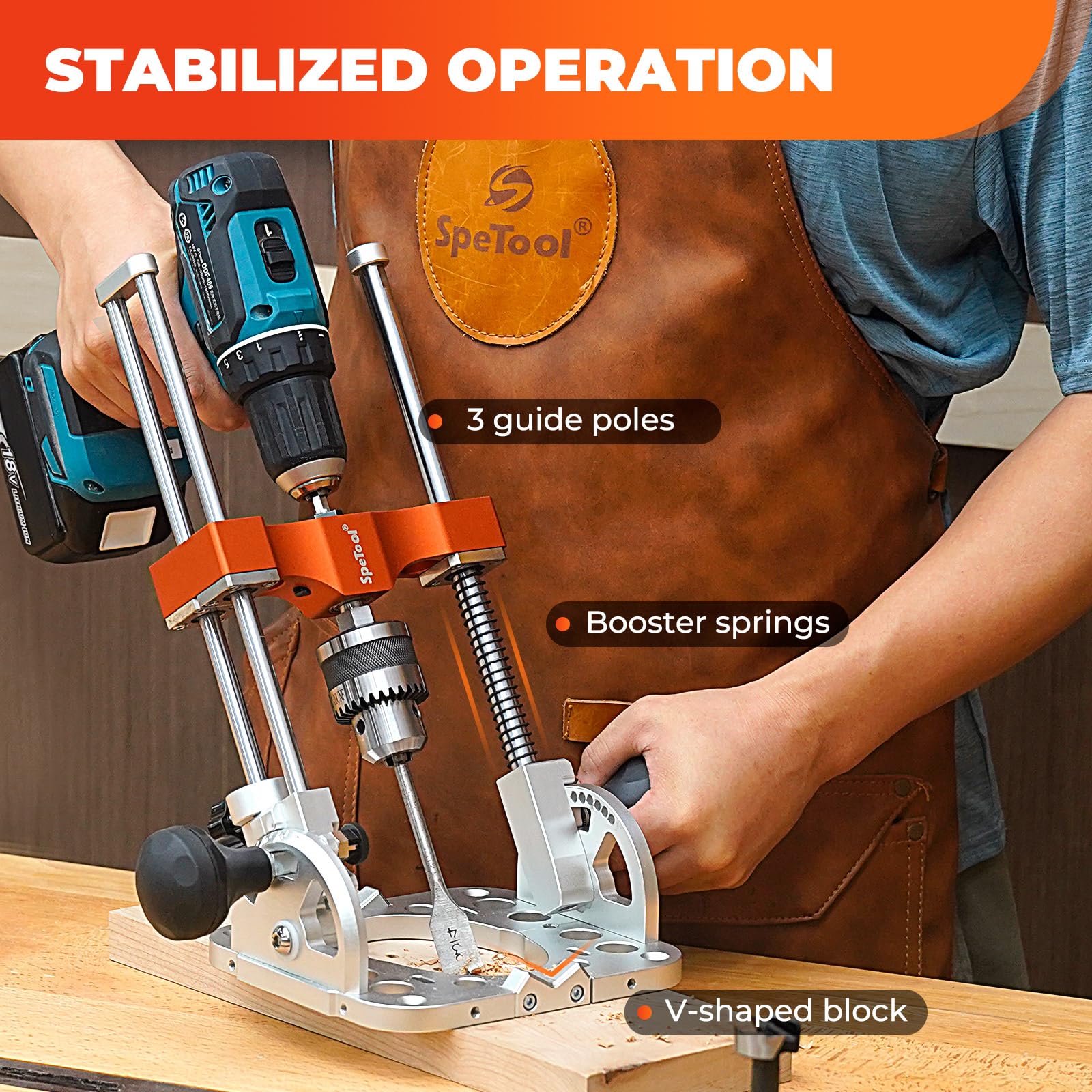 SpeTool built-in V-block supports flat and cylindrical pieces for versatility.