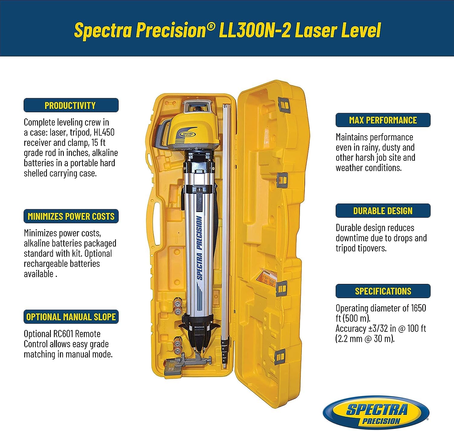 Spectra Precision HL450 receiver with clamp for precise height measurements.