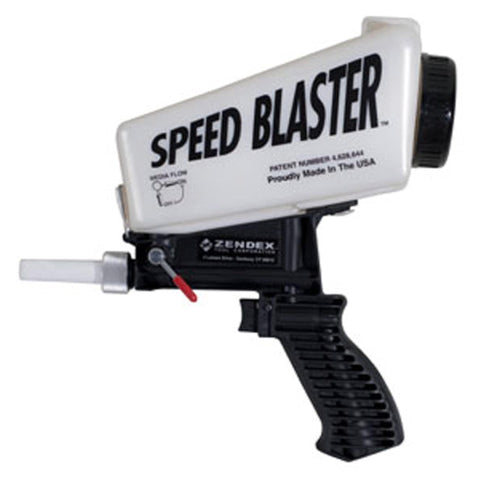 SpeedBlaster portable media blaster white front view showing compact handheld design for rust removal