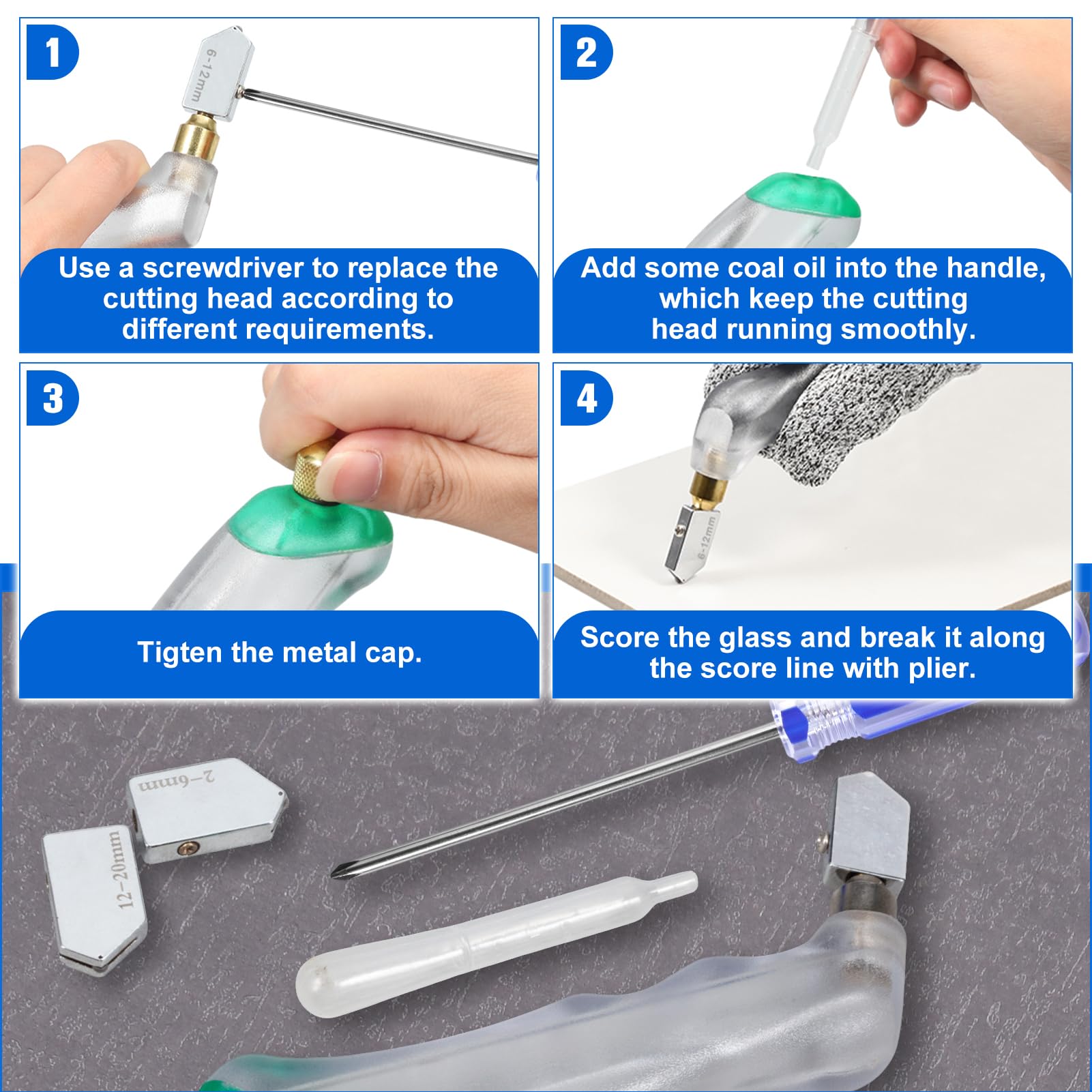 SPEEDWOX cutter heads for 2-6mm, 6-12mm and 12-20mm glass