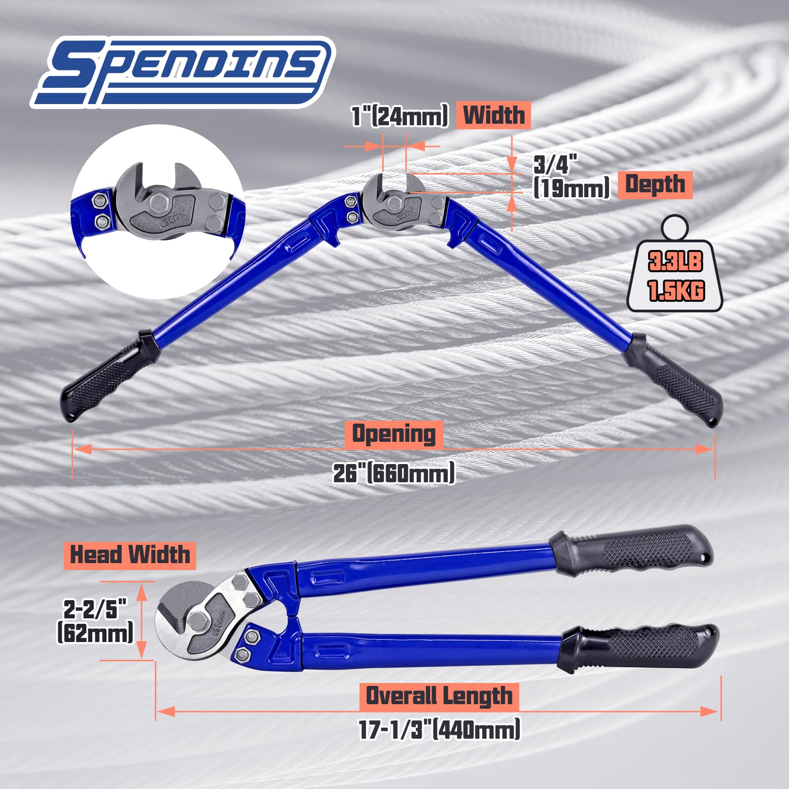SPENDINS wire rope cutter with detachable rounded jaws enables clean, fray-free cuts.