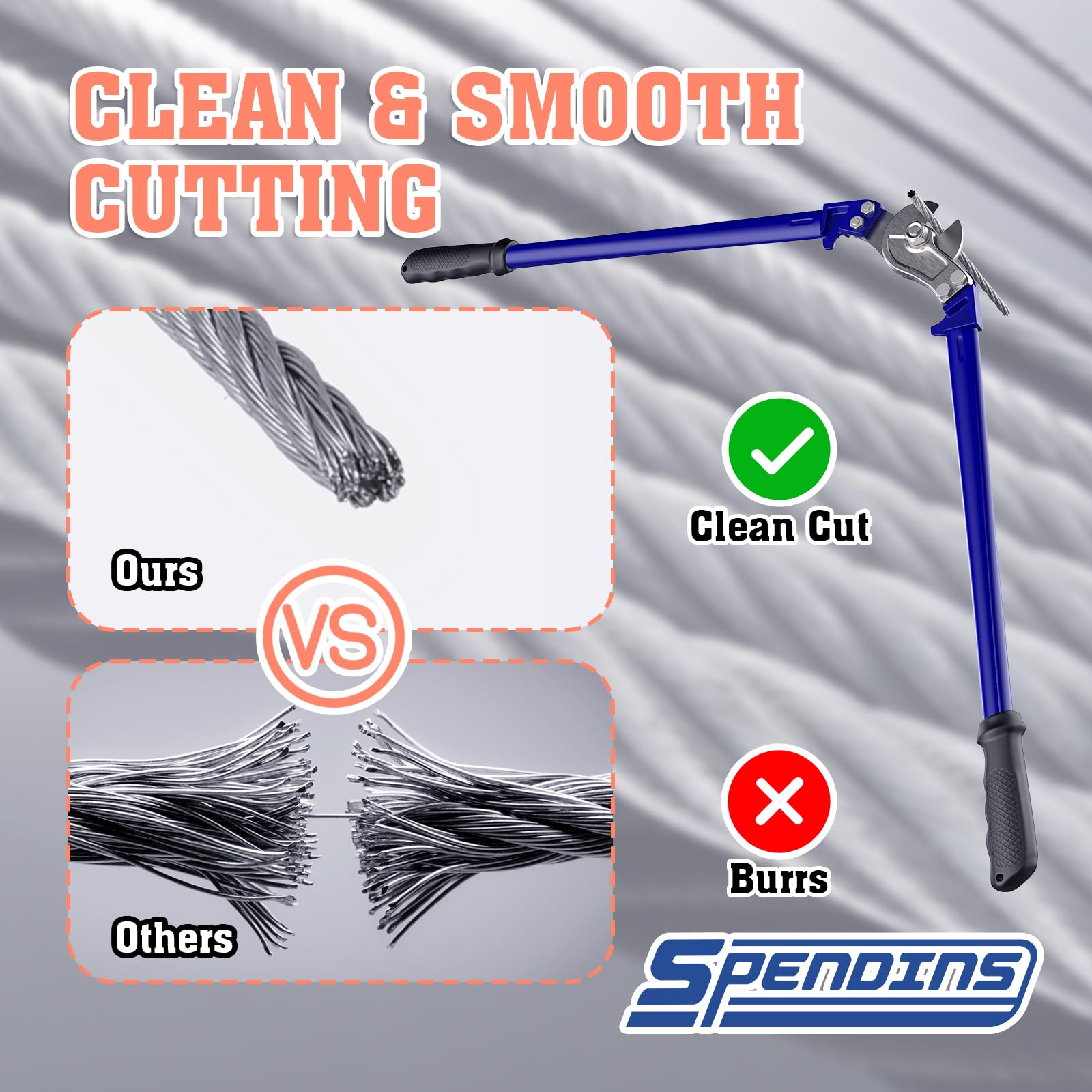 SPENDINS in-use cutter cutting hard wire rope for secure rigging.