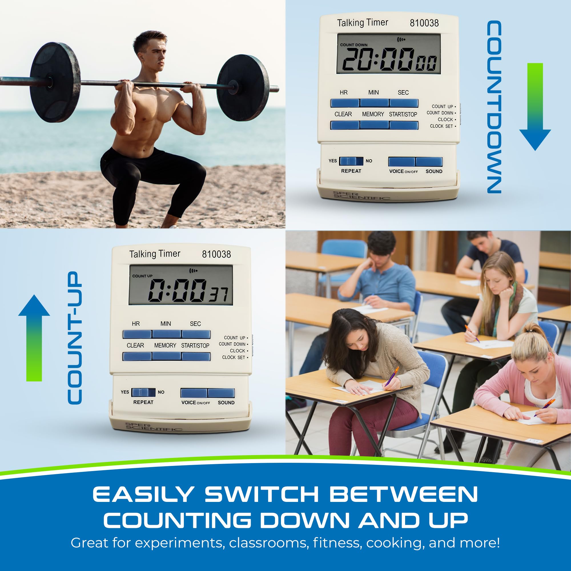 Sper Scientific countdown timer includes bench stand for bench-top use