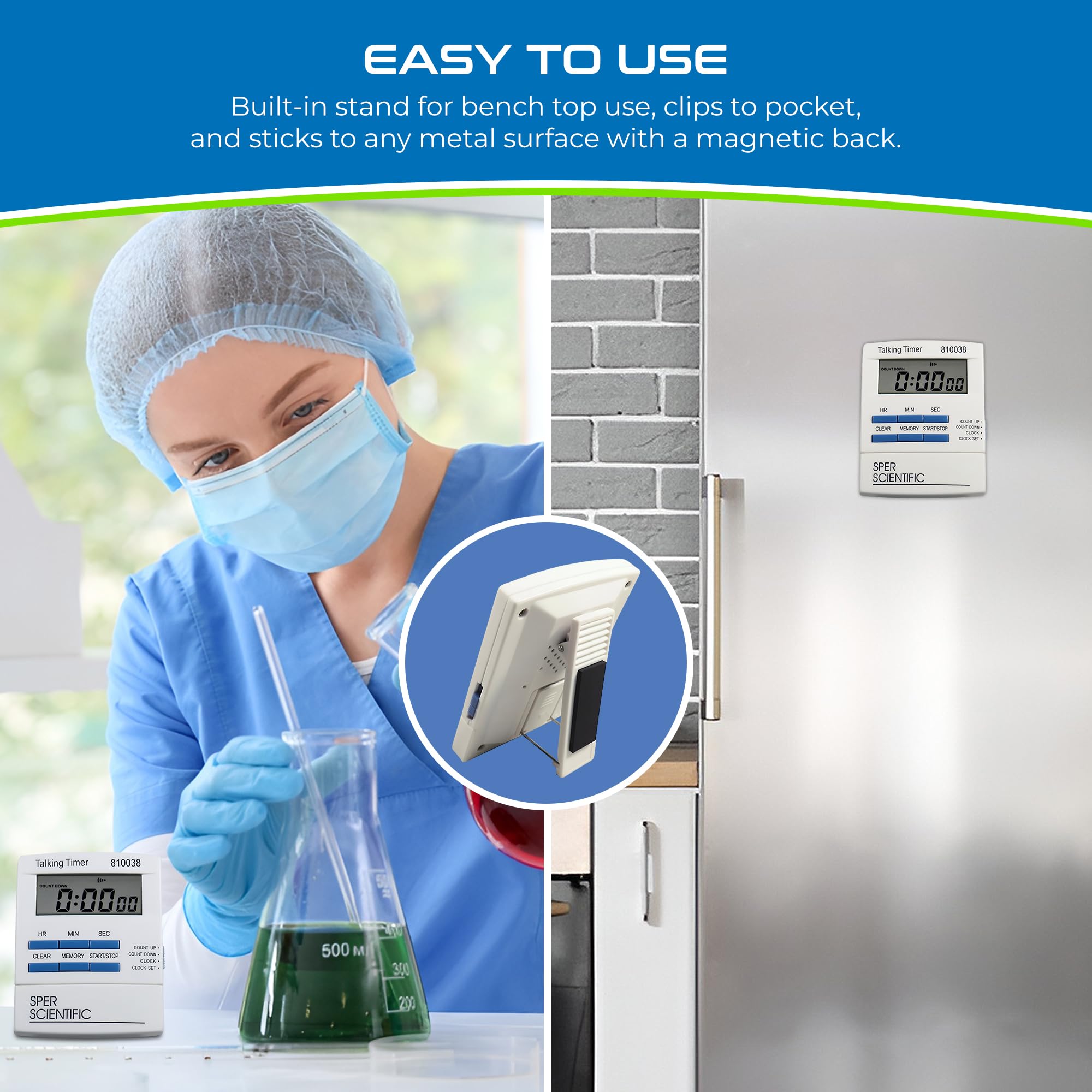 Sper Scientific Talking Timer features magnetic back for quick placement on metal surfaces