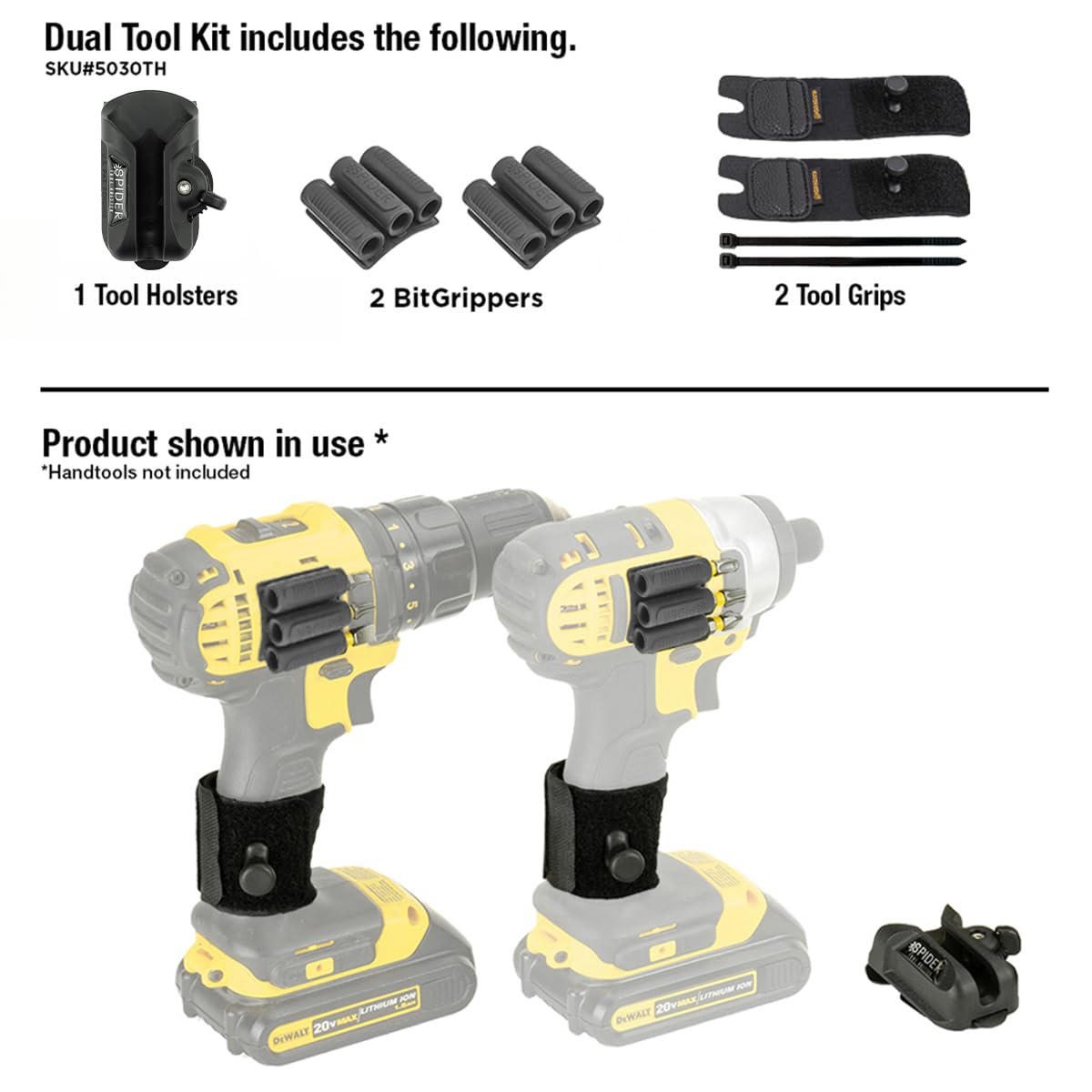 Spider Comfortable Carry design angles tools away from the body for comfort.