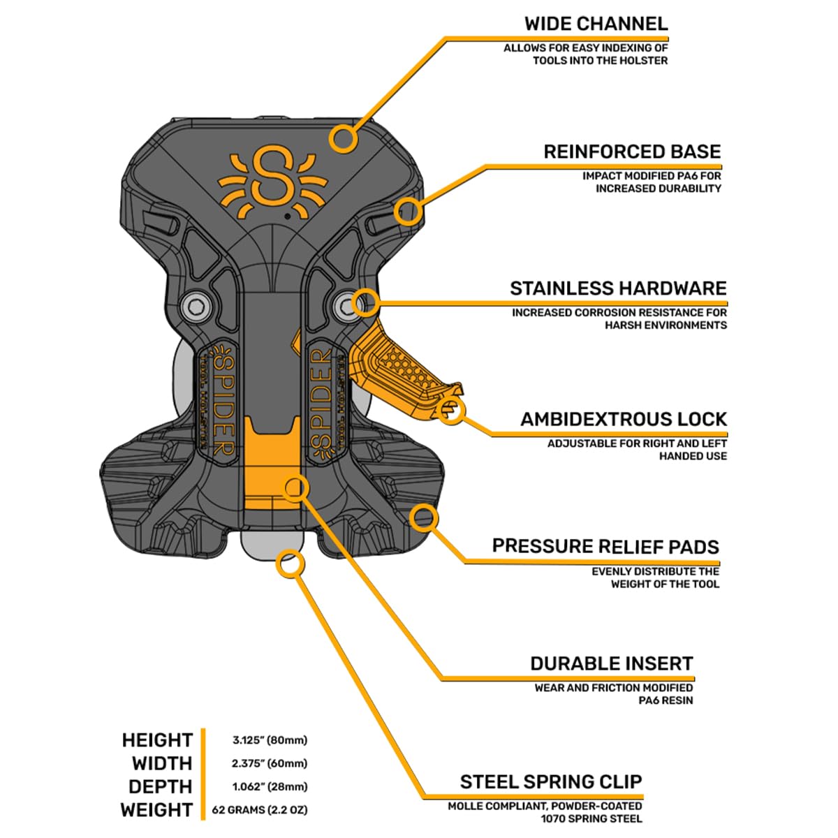 Spider Pro rugged material withstands daily wear on job sites.