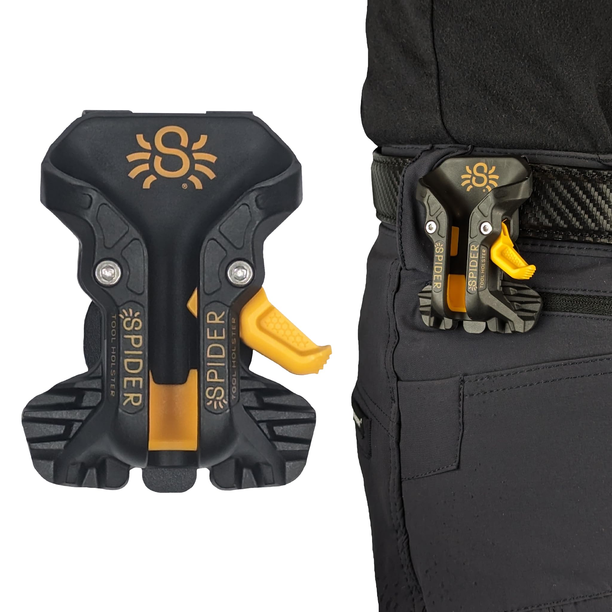 Spider Pro tool holster on belt clip enables quick tool access.