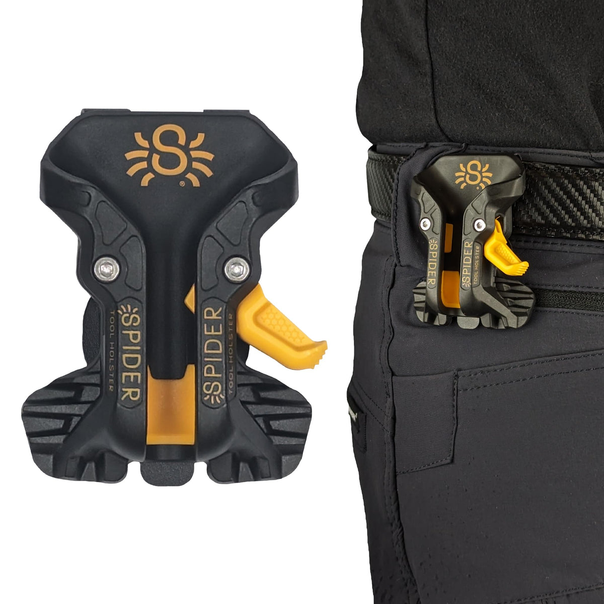 Spider Pro tool holster on belt clip enables quick tool access.