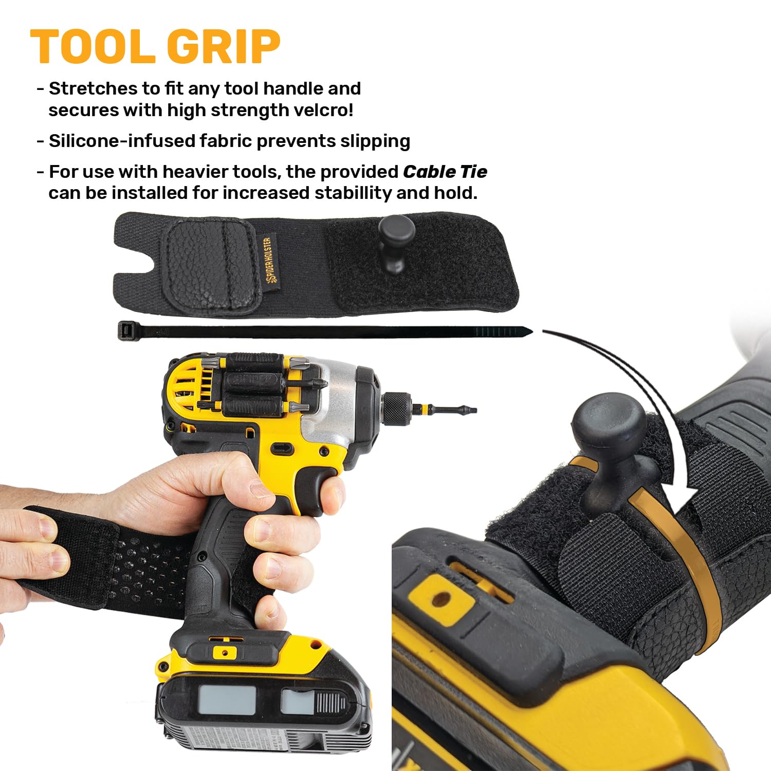 Spider Tool Grip universal attachment on handles for various tools