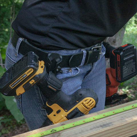 Spider Tool Holster clip-on belt shows hands-free access for fast changes.