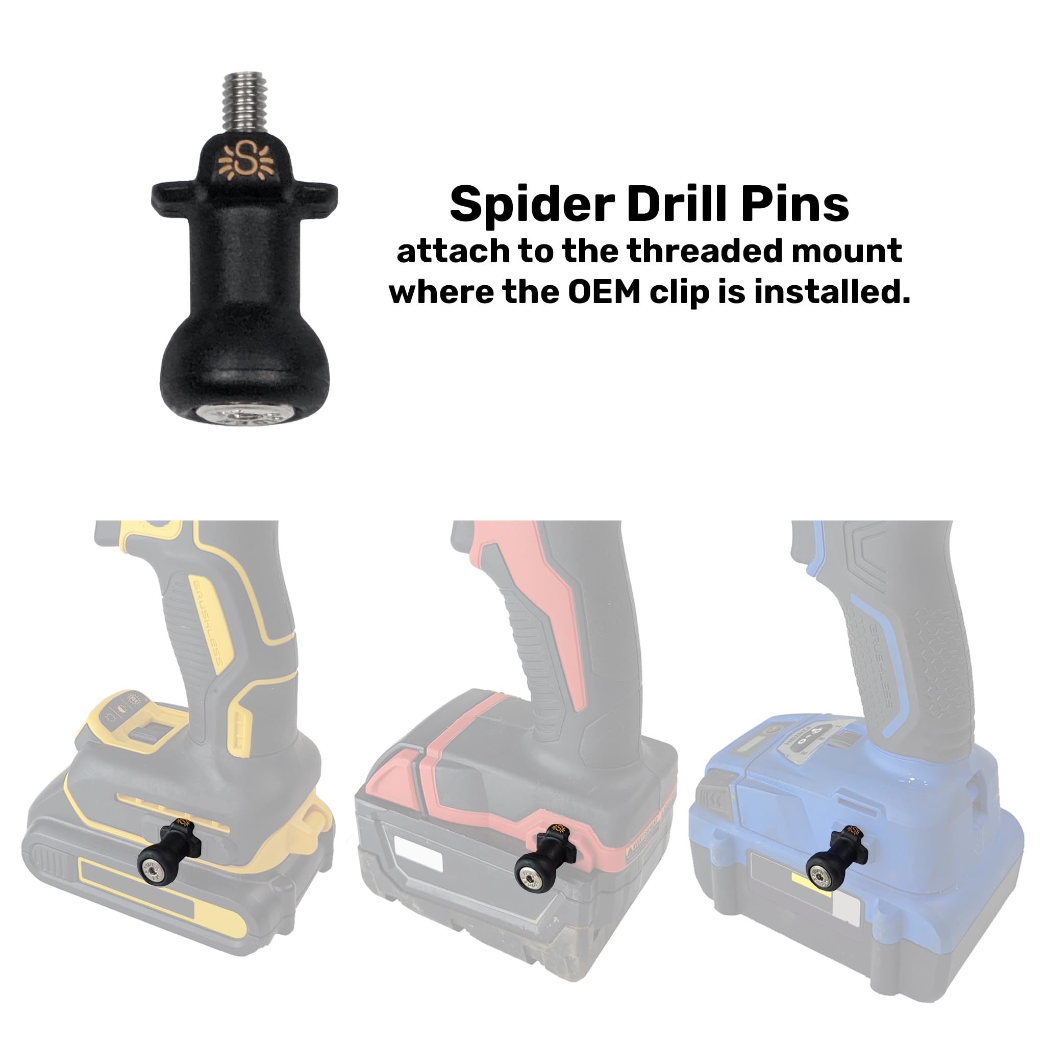 Universal-fit adapter bolts connect Spider Tool Holster Pro to drills.