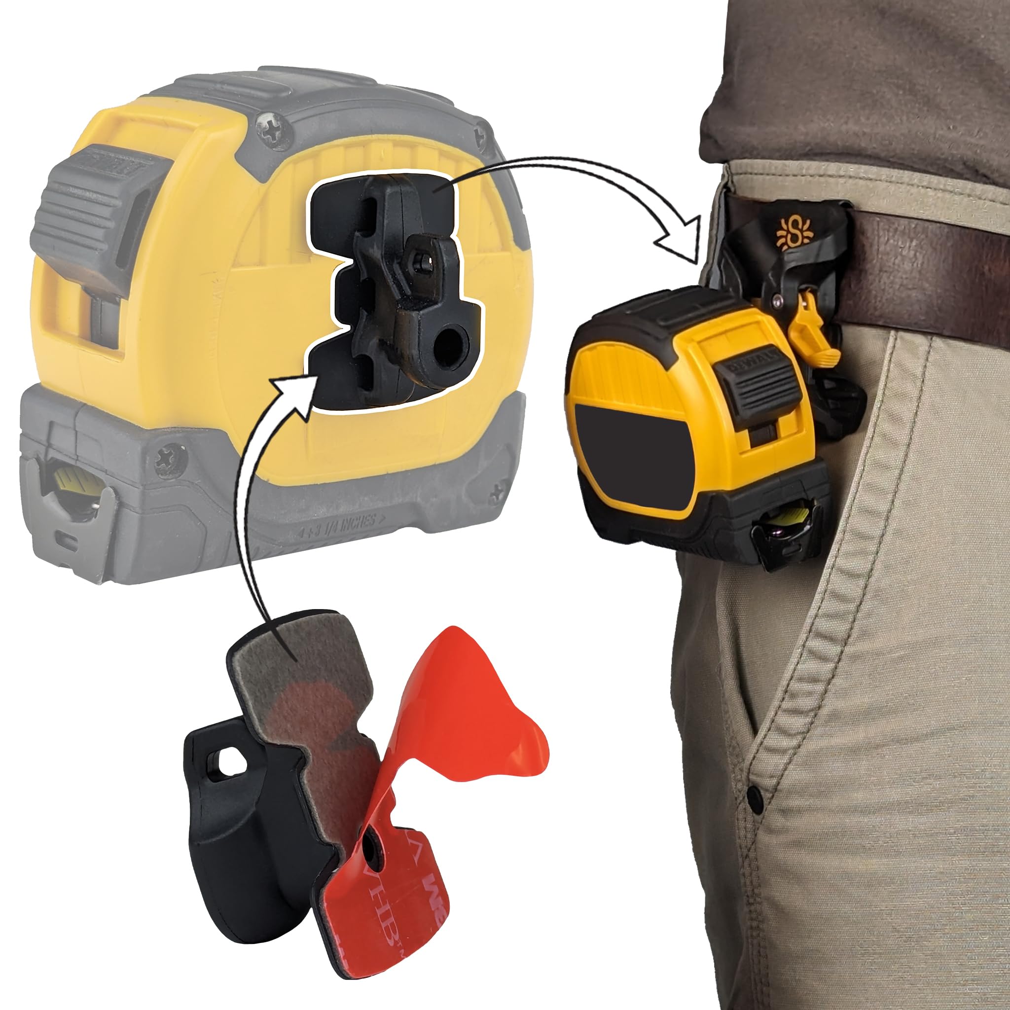 Spider Tool Holster screw-port tab reuses tape measure screw for secure placement