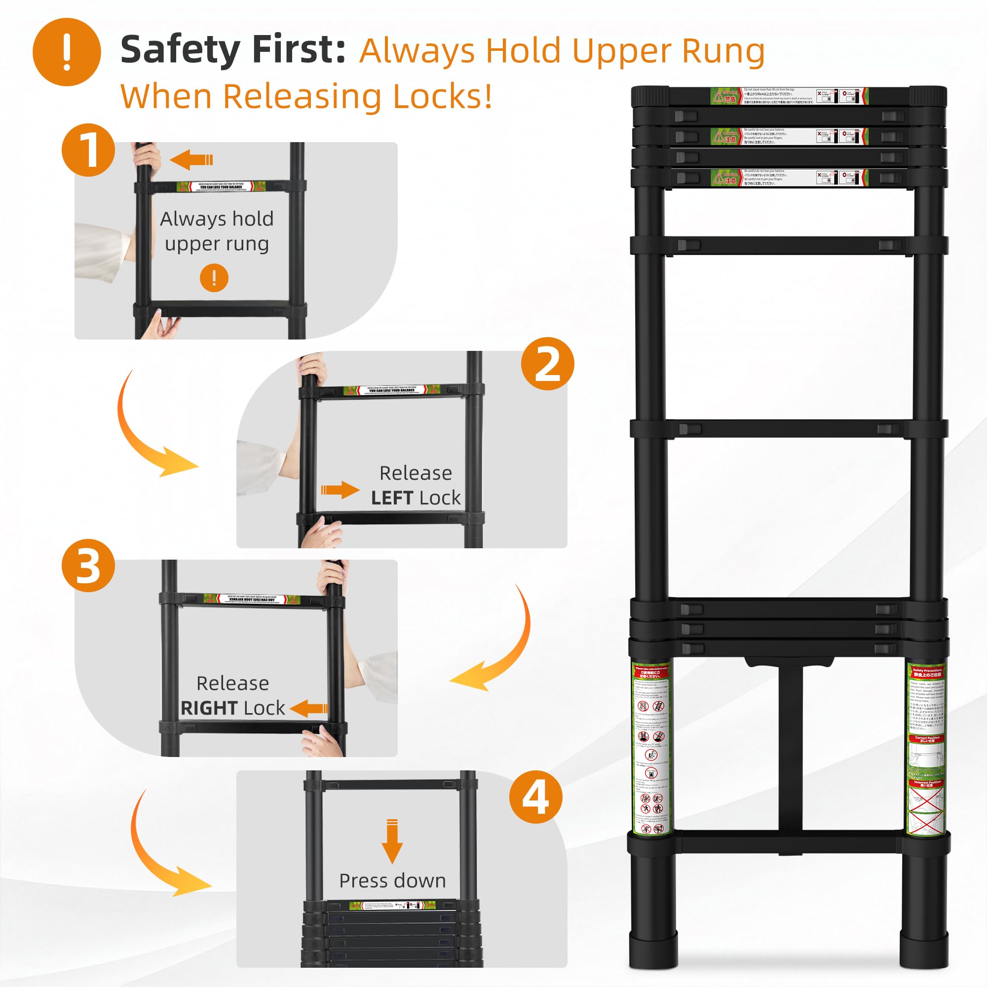 SPIEEK Telescoping ladder dual locking mechanism provides stable extension on stairs or roof.