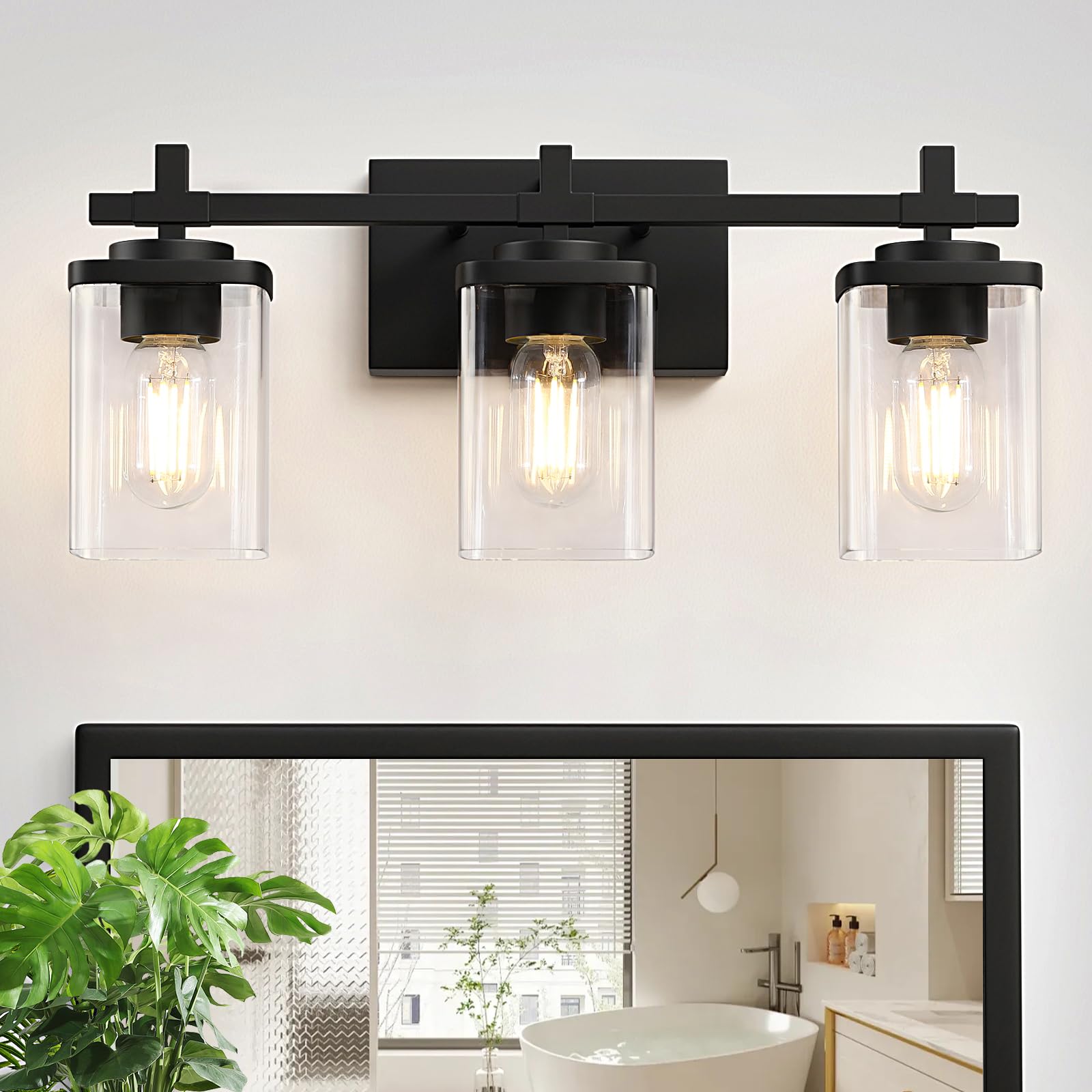 Spiglamm 3-lights vanity light with matte black finish and clear shades over mirror