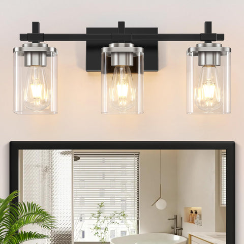 Spiglamm 3-lights black-brushed-nickel fixture enhances contemporary bathroom lighting.