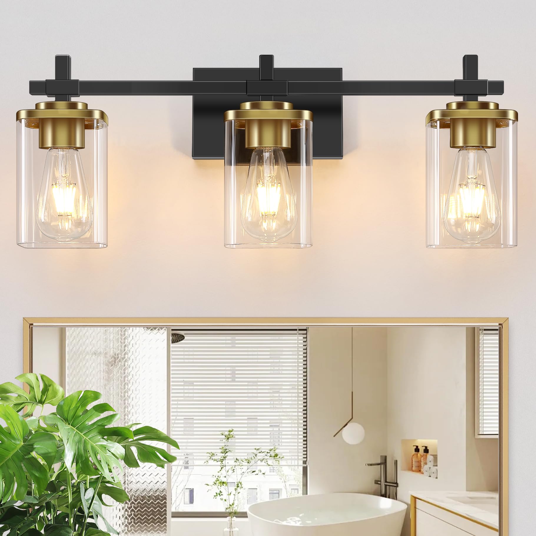 Spiglamm 3-Lights black and gold bathroom light over mirror for elegant task lighting