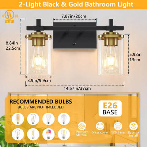 Spiglamm black and gold vanity light highlights the glass shade details.