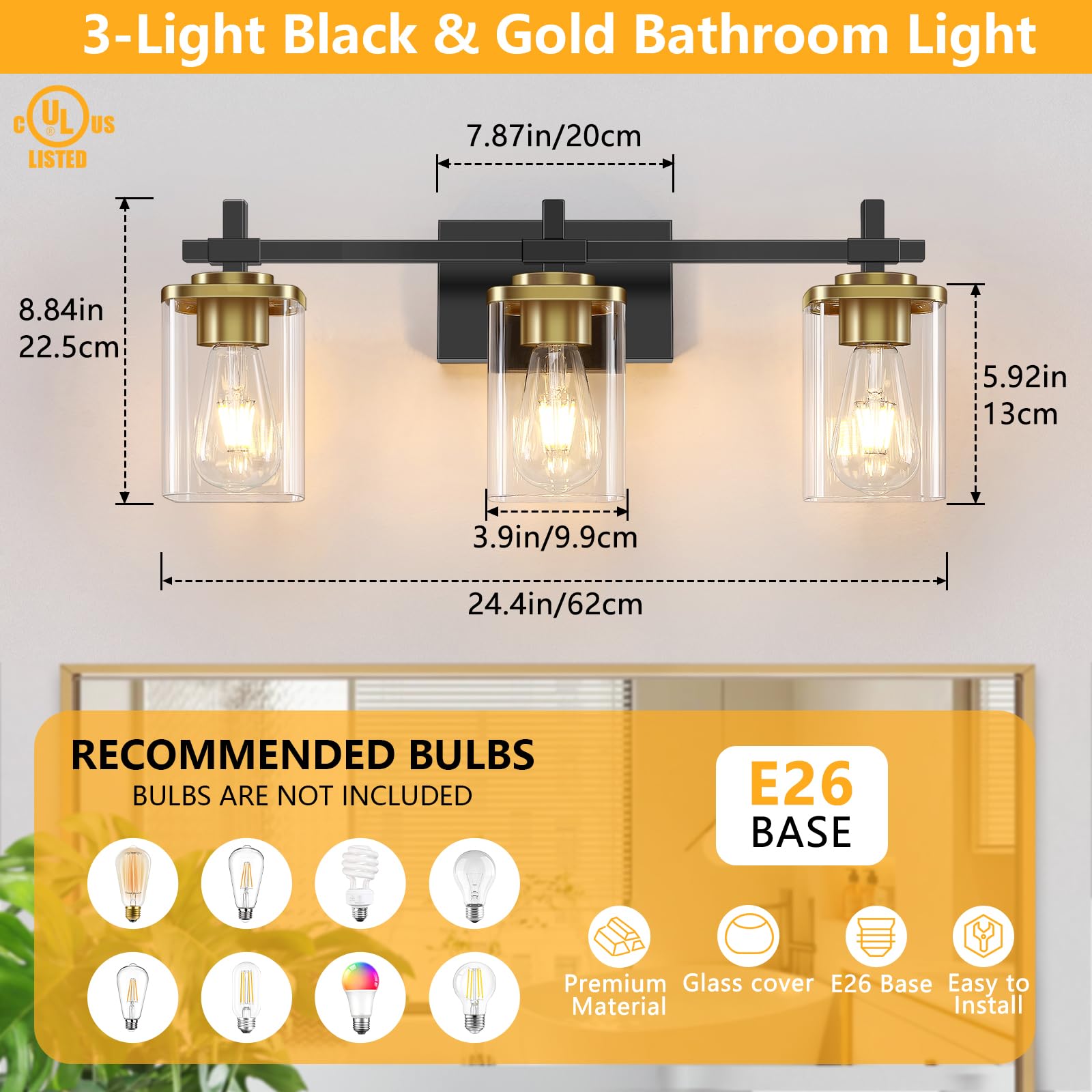 Spiglamm brushed gold vanity light with square glass shades enhances bathroom ambiance