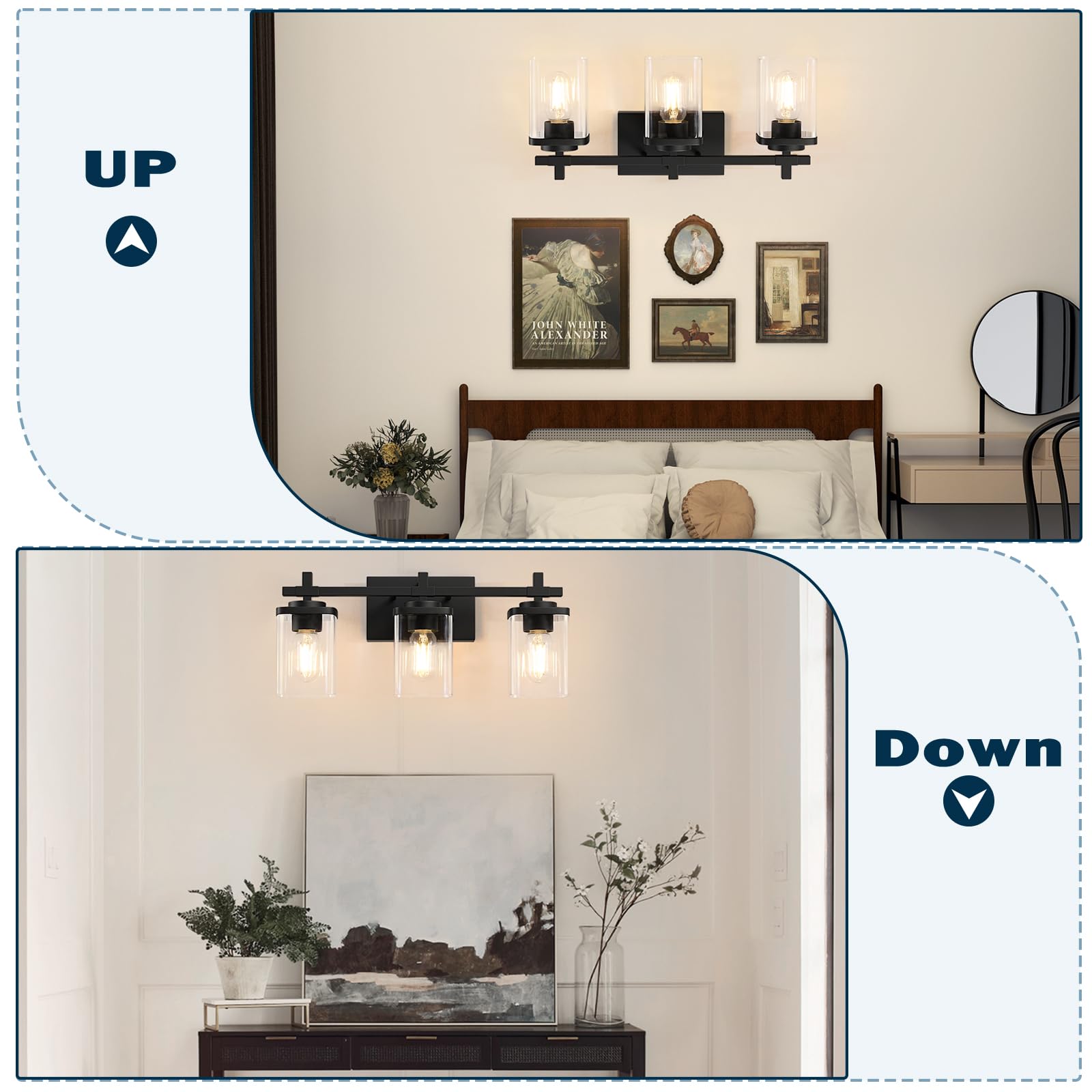 Spiglamm vanity light showing uplight and downlight options