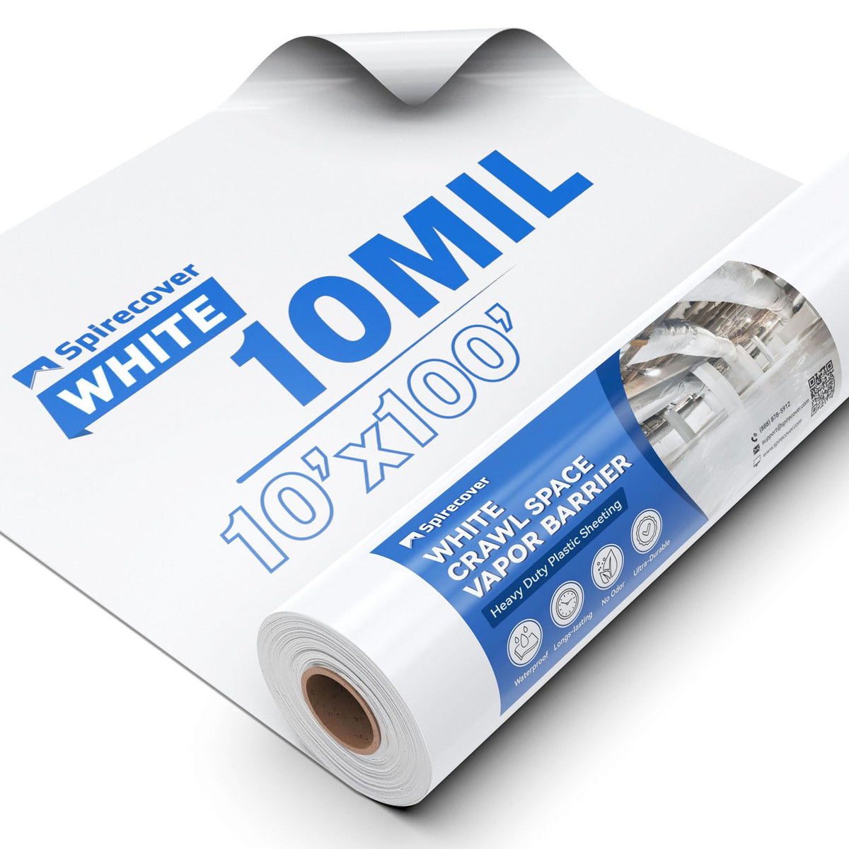 SPIRECOVER white crawl space vapor barrier roll shown for moisture protection under homes