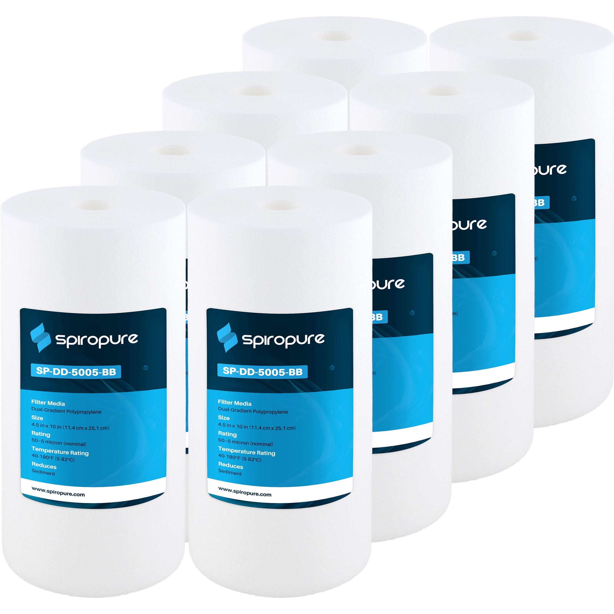 SpiroPure SP-DD-5005-BB cartridge close-up shows 5-micron sediment filtration.