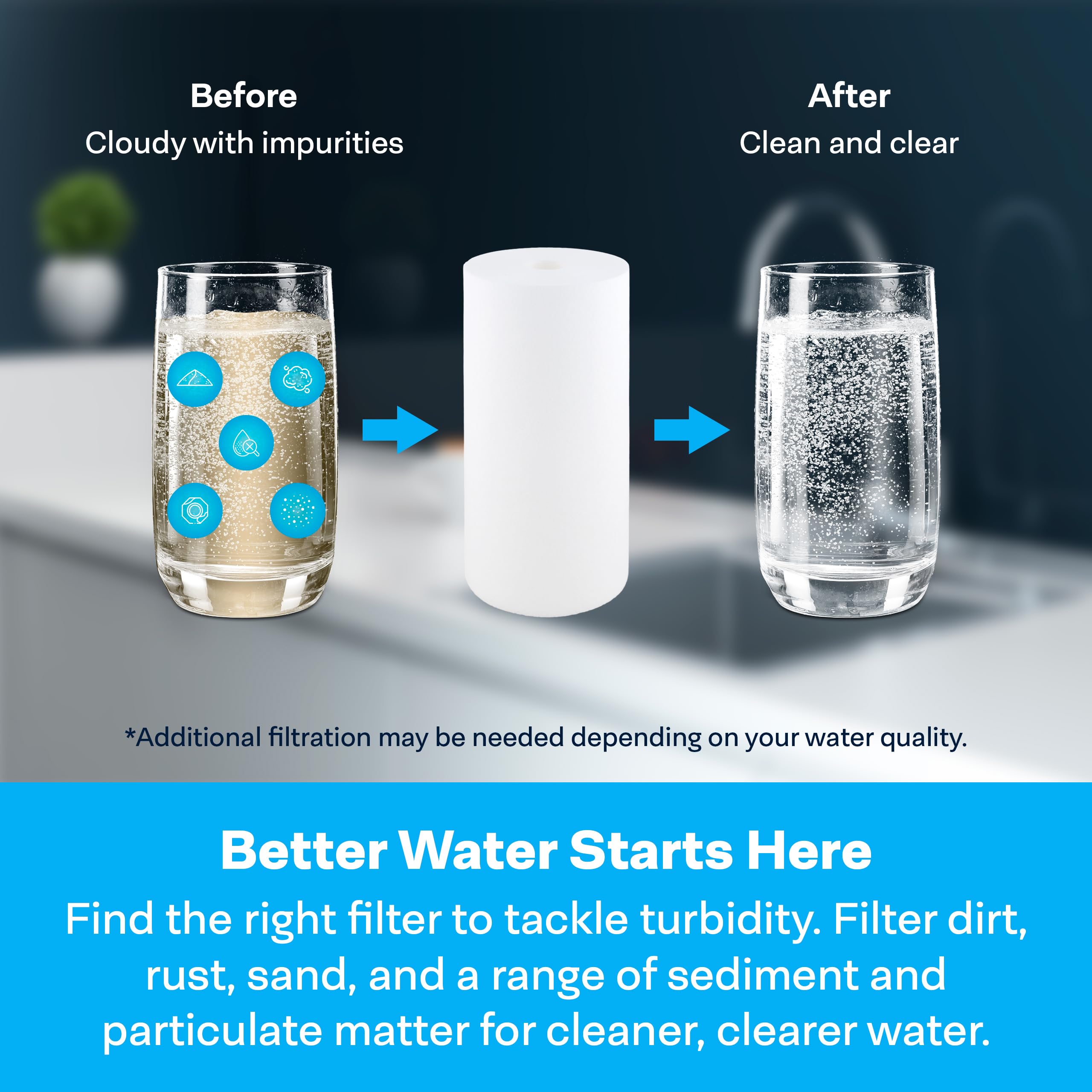 SpiroPure cartridge over water flow illustrating sediment reduction.