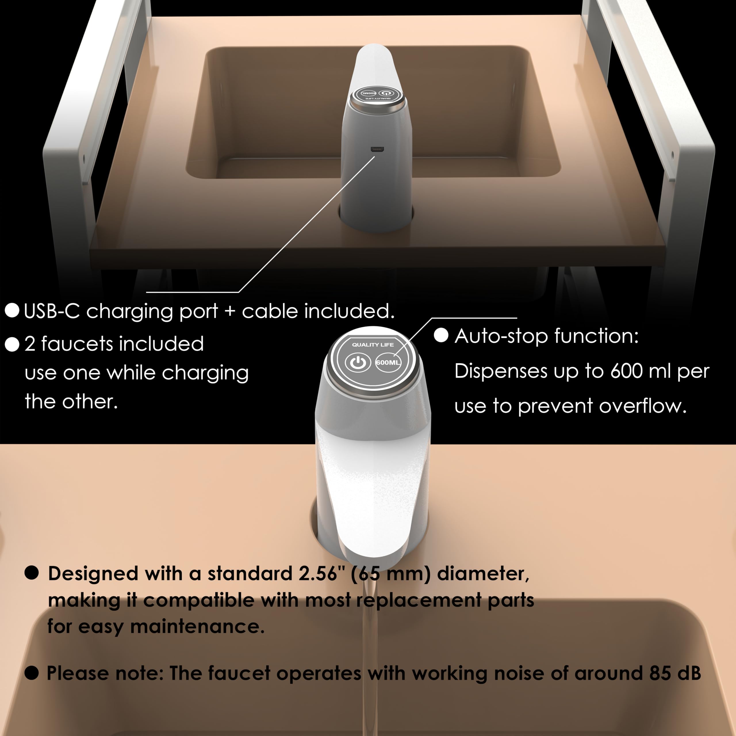 Splishkin rechargeable electronic faucet shown with USB charging cable