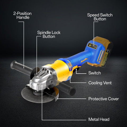SpomacGek cordless angle grinder with 4-1/2 inch wheel compatibility.