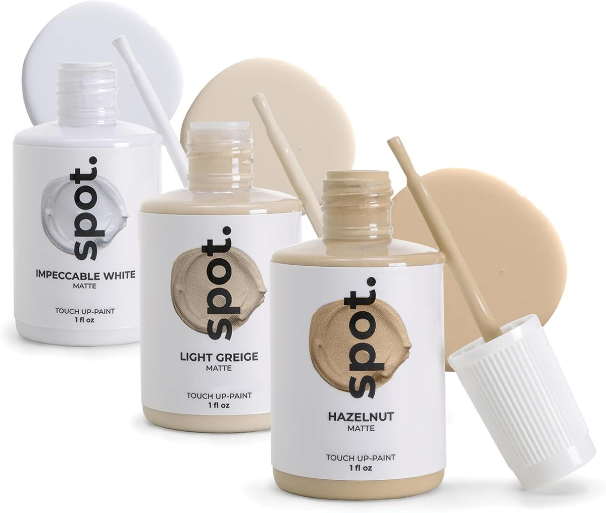 Spot touch-up paint kit with multi-tone beige and white swatches for instant color matching.