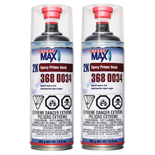 SprayMax 3680034 matte black epoxy primer aerosol offering strong adhesion on aluminum surfaces.
