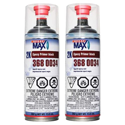 SprayMax 3680034 matte black epoxy primer aerosol offering strong adhesion on aluminum surfaces.