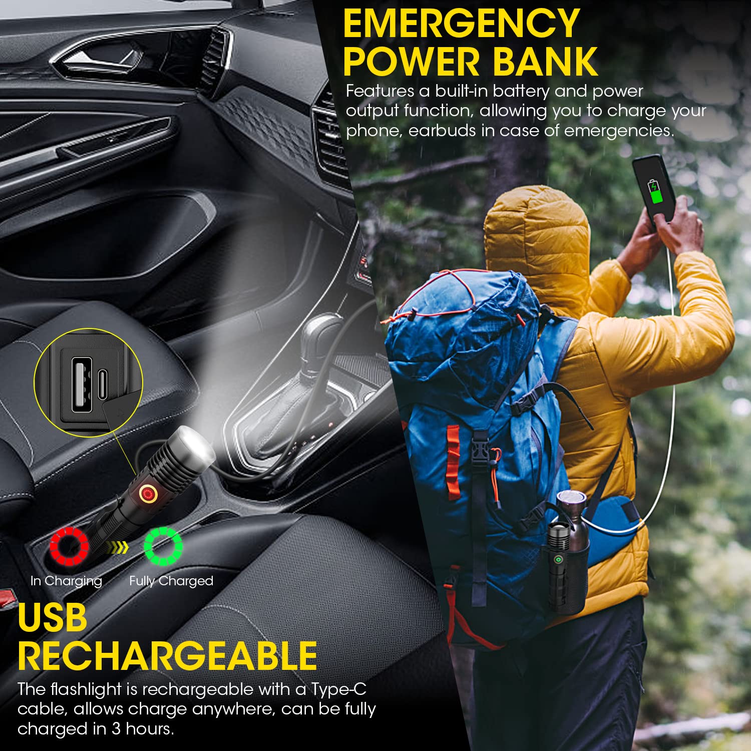 Spriak flashlight IPX6 waterproof design withstands rain and splashes during outdoor use.
