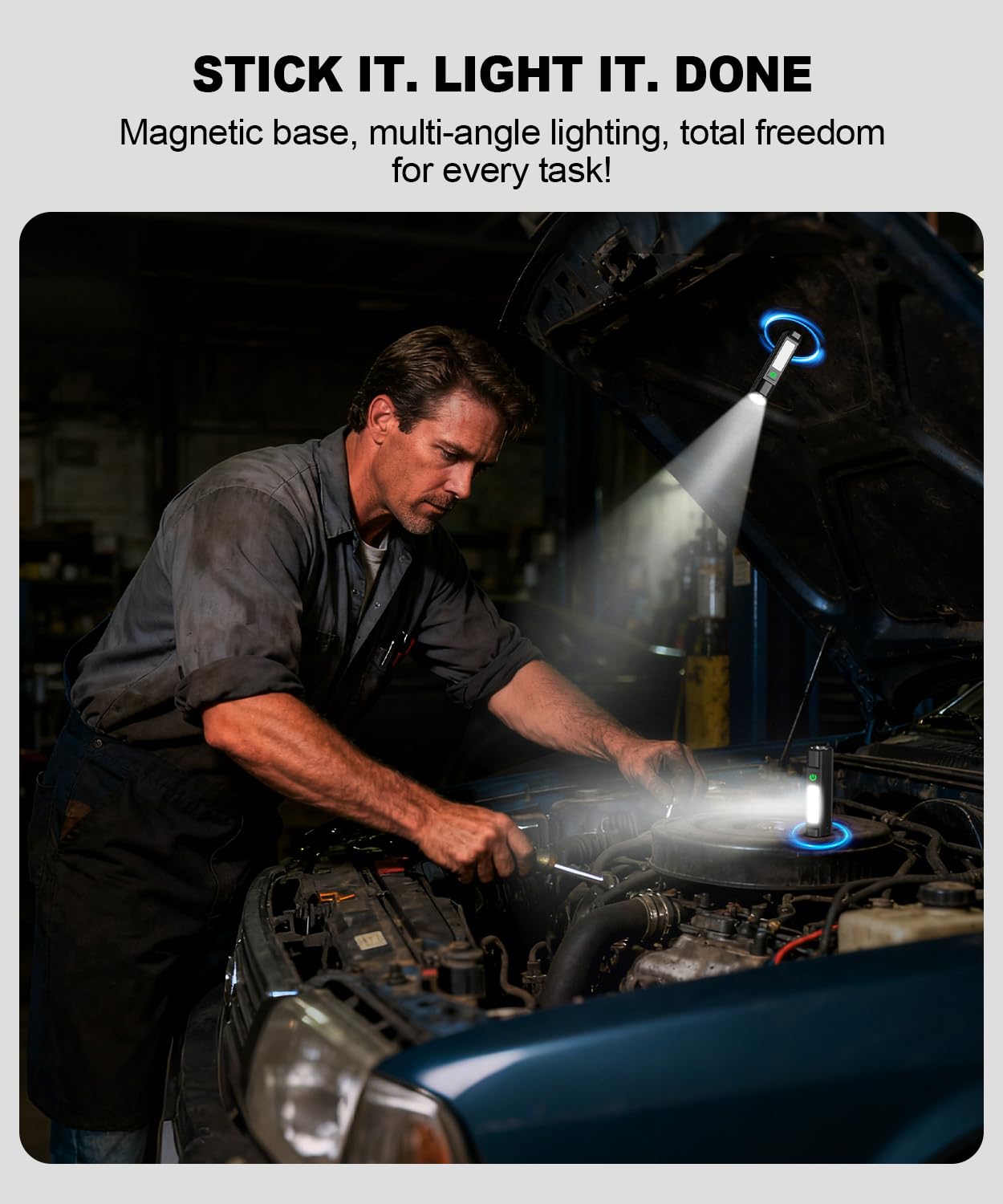 Spriak magnetic tail base enables hands-free lighting on metal surfaces.