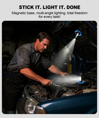 Spriak magnetic tail base enables hands-free lighting on metal surfaces.