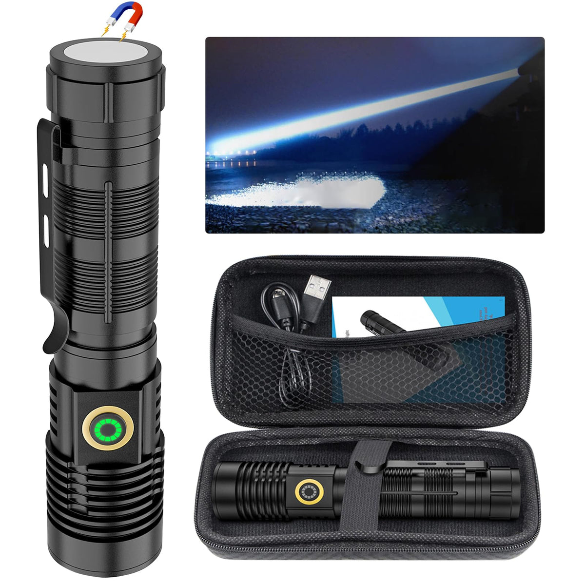 Spriak rechargeable flashlight high-lumen beam for clear outdoor visibility in fog and rain.