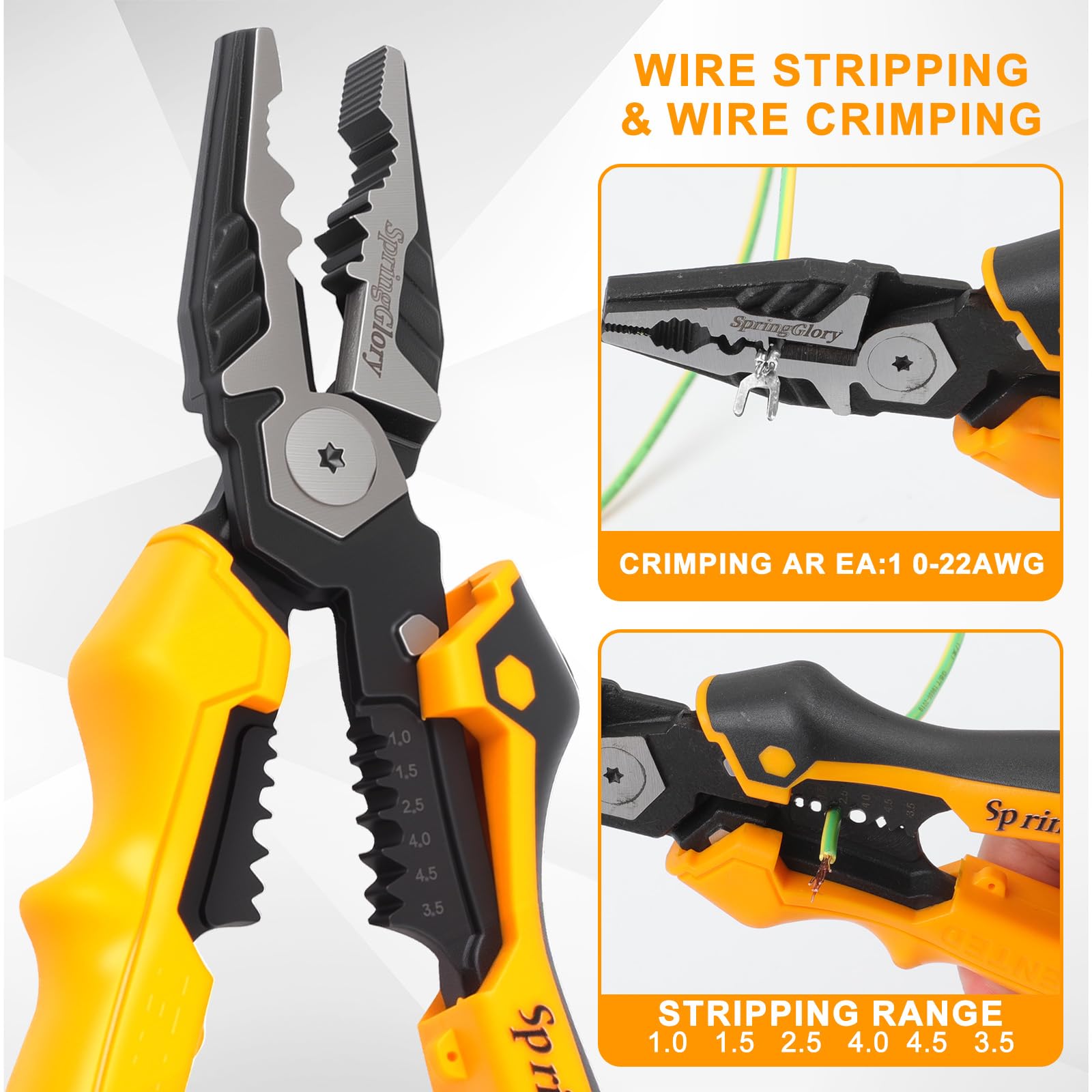 SpringGlory 7-in-1 Linesman Pliers rugged 55hrc steel construction.