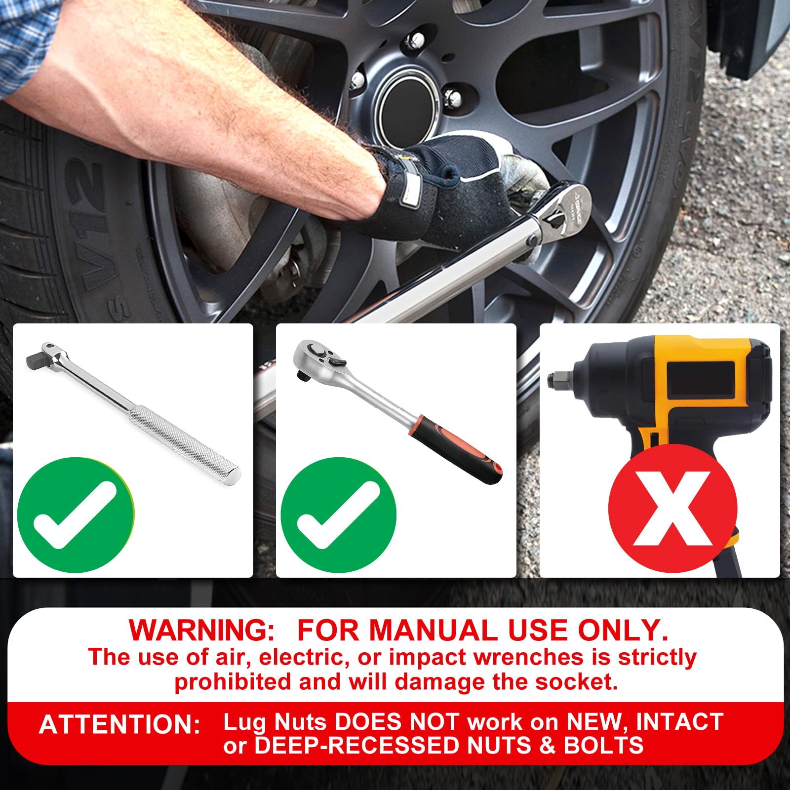 Spurtar 1/2-inch drive compatibility with hand tools.