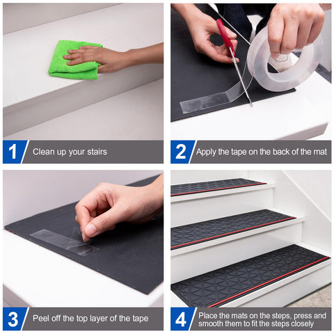 Spurtar non-slip stair treads cut to fit irregular stairways.