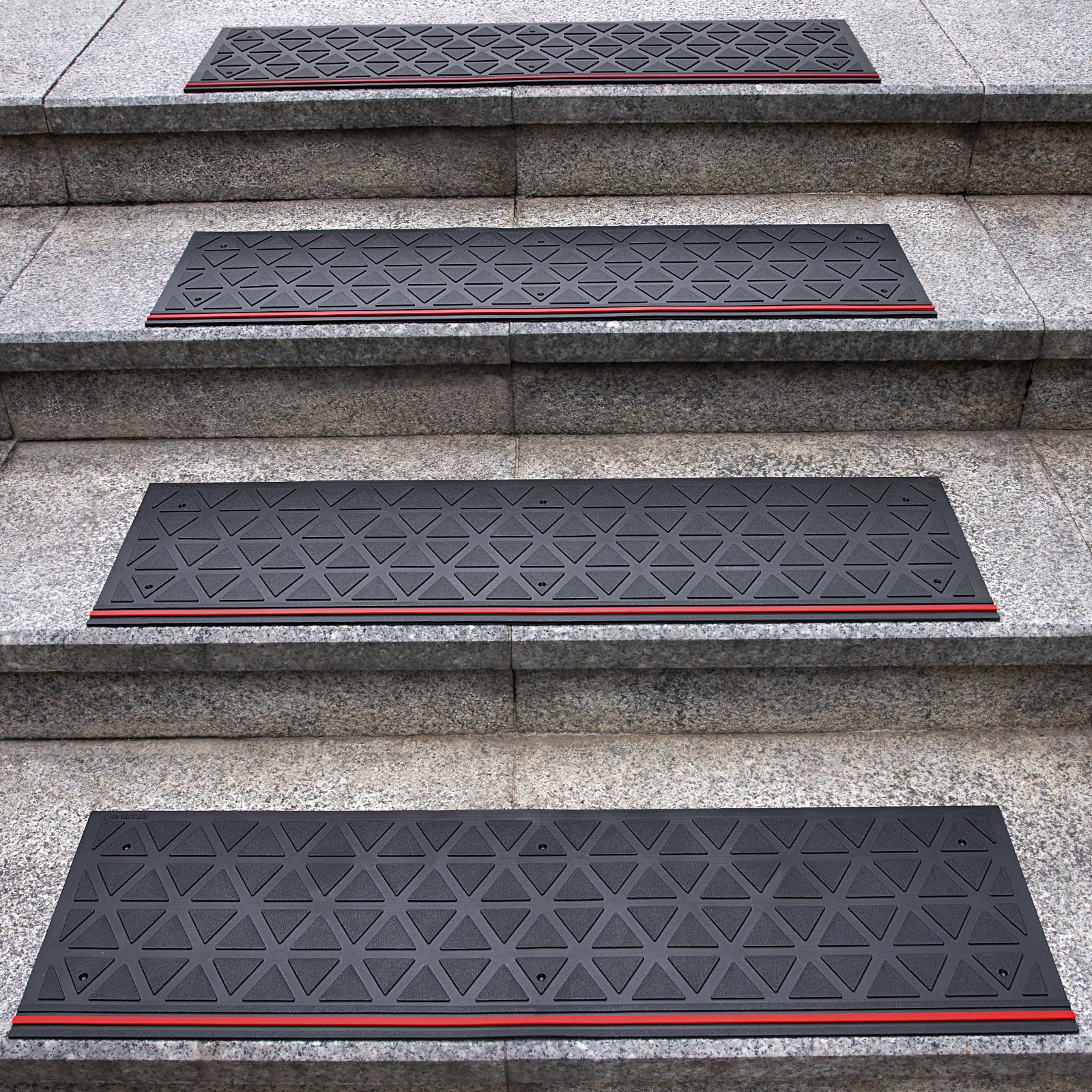 Spurtar rubber stair tread on wooden stairs showing anti-slip grip for outdoor safety.