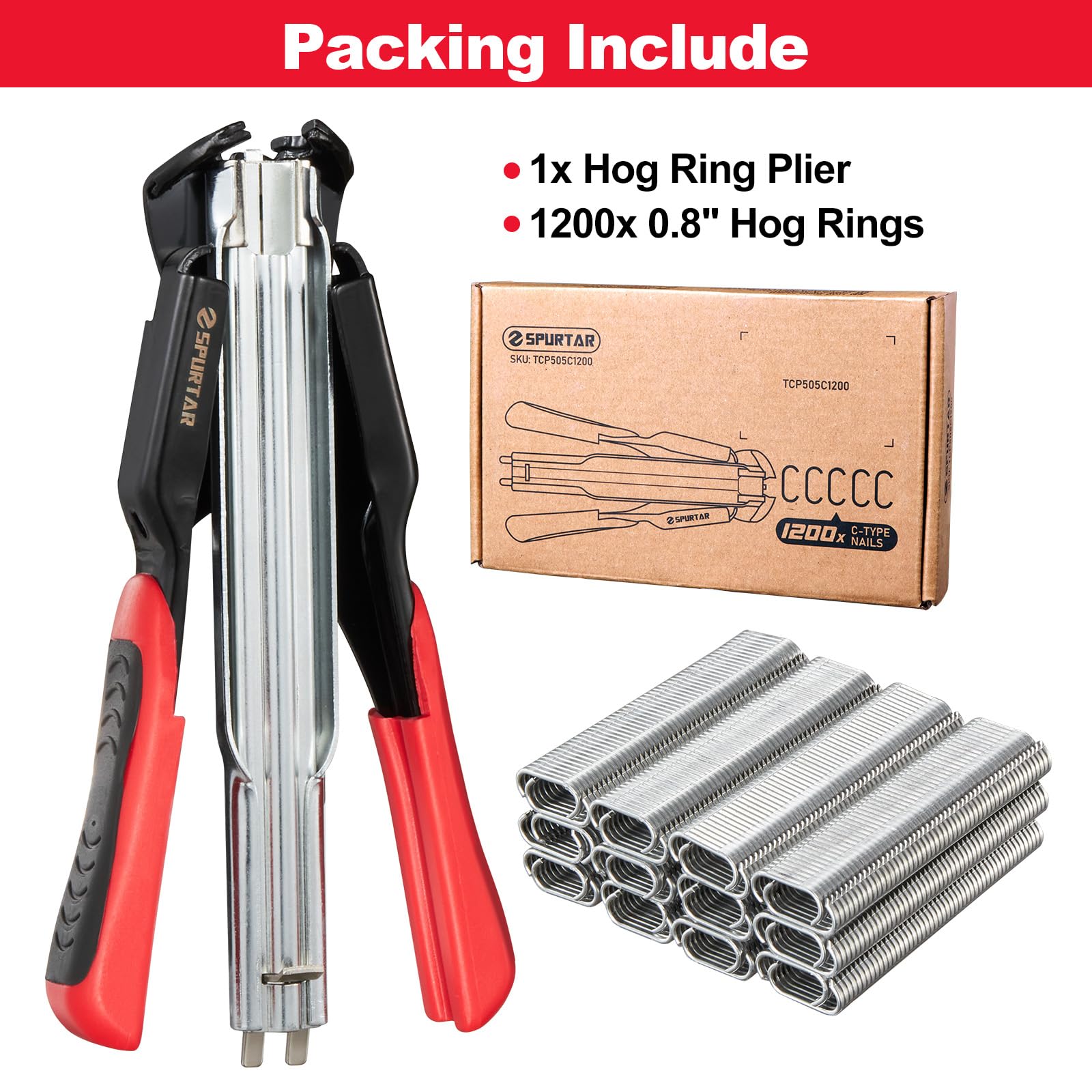 Spurtar kit includes pliers and 1200 hog rings for immediate use.
