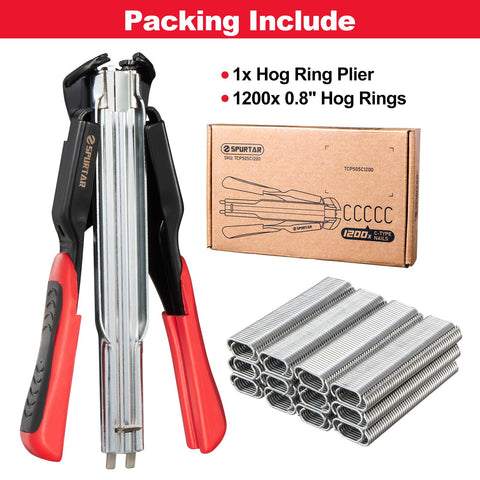 Spurtar kit includes pliers and 1200 hog rings for immediate use.