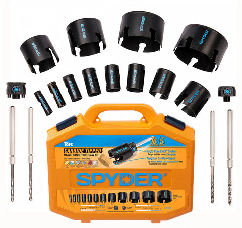 Spyder 18-piece tungsten carbide hole saw kit shown for versatile drilling tasks.