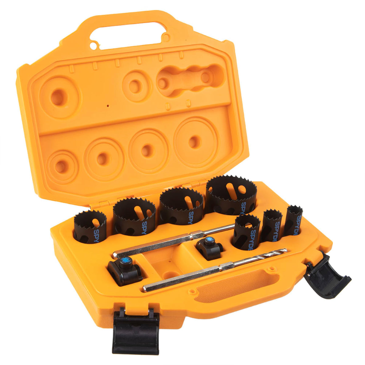 Spyder bi-metal hole saw kit with seven sizes for fast, clean cuts in metal and wood