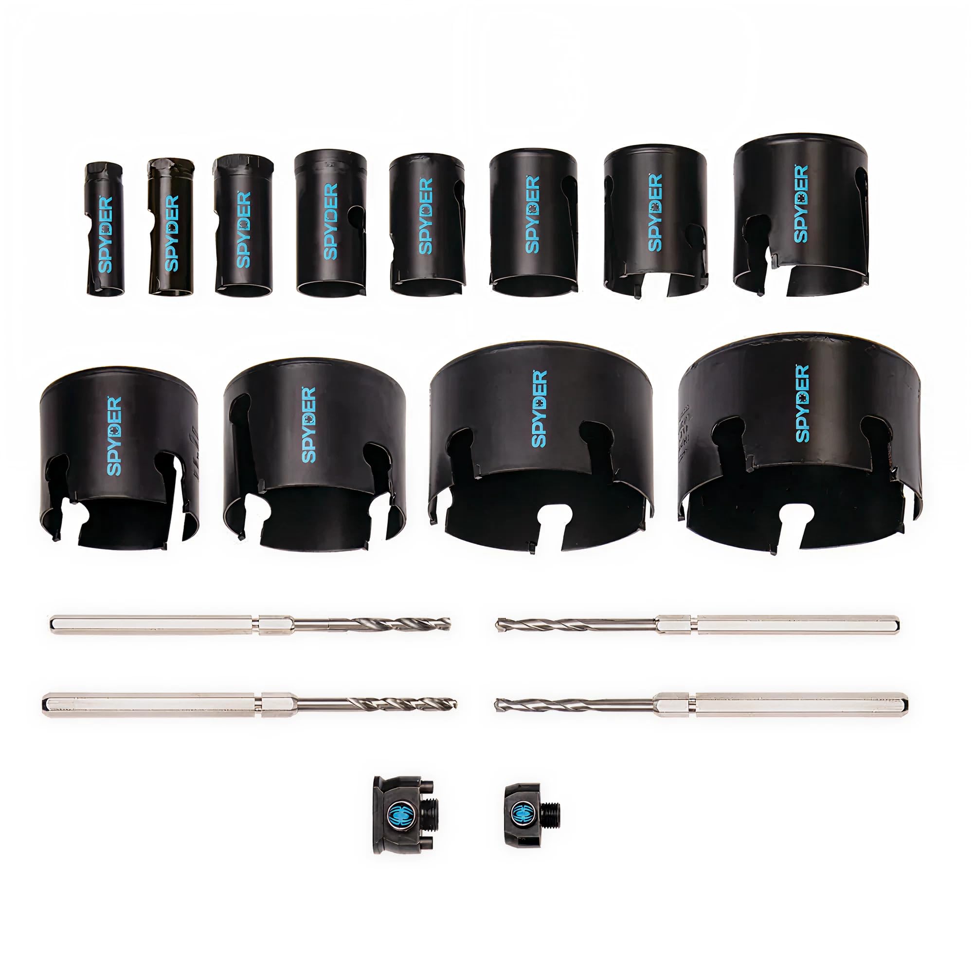 Spyder hole saw sizes chart highlights 3/4 to 4-1/2 inch options.