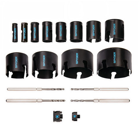 Spyder hole saw sizes chart highlights 3/4 to 4-1/2 inch options.